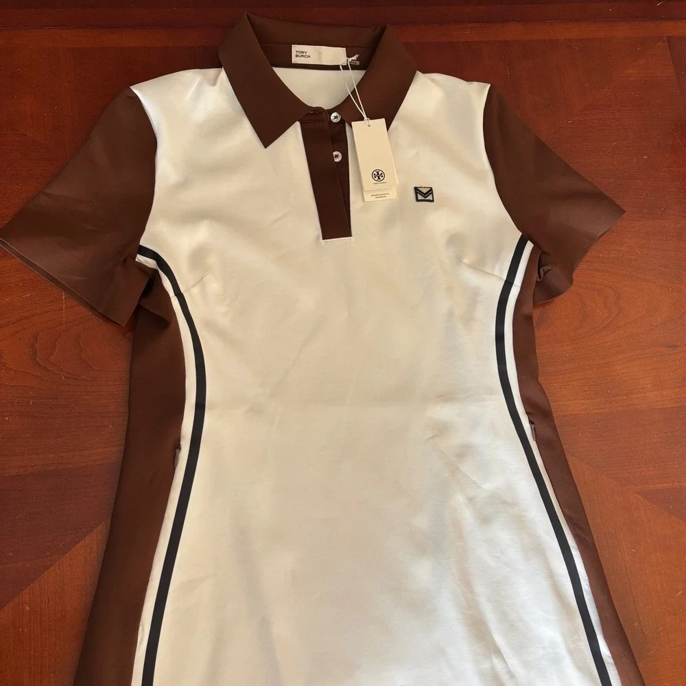 Tory Burch Neoprene Polo Golf Dress Snow White and Mocha Chip 161375 Size L NWT